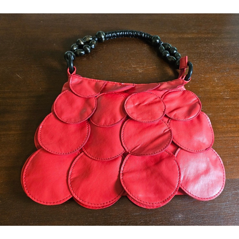 Women Small Handbag Red Layered Circle Scale Beaded Handle Art Deco